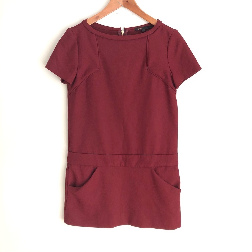 Maje Tunic Dress Short Sleeve Mini Burgundy Boxy Oversized
